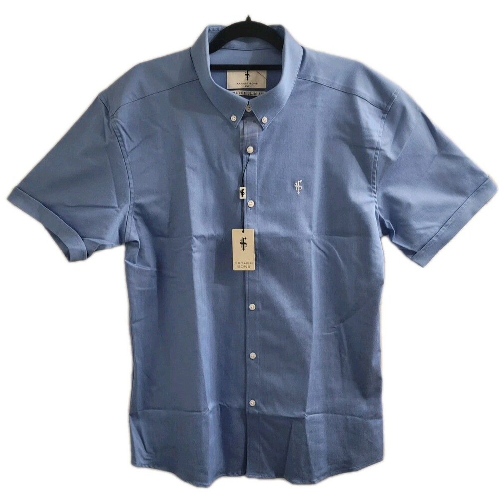 Father Sons Button Up Shirt XXL Stretch Slim Fit Blue Short Sleeve NWT